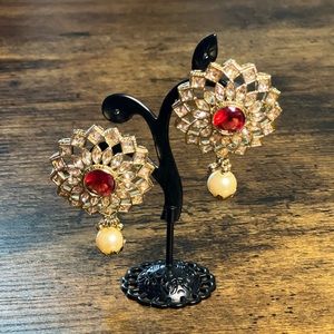 Antique Gold Jhumka with Red Rhinestone/Indian Fashion Jewellery